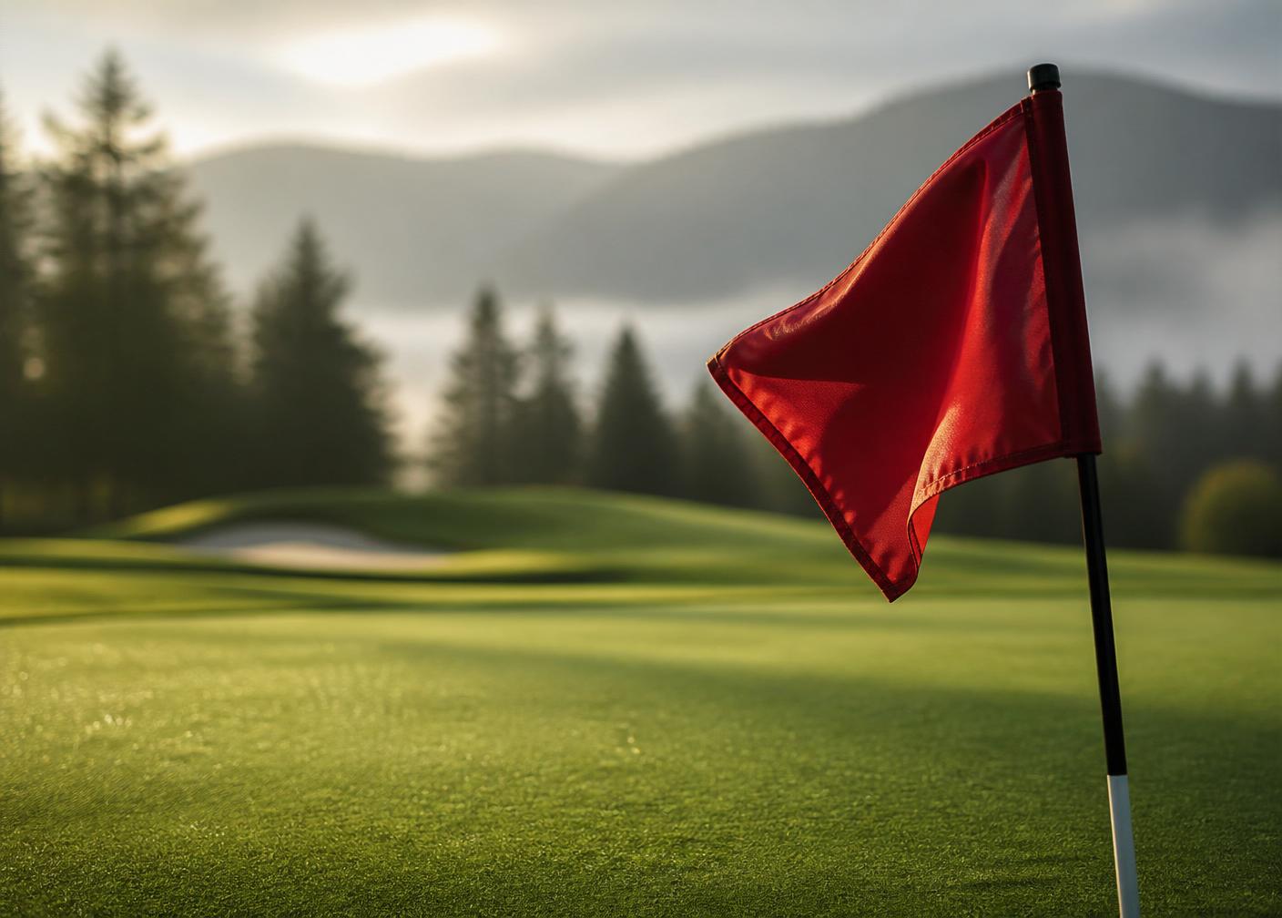 A red golf flag on a manicured green with hills and pine trees behind